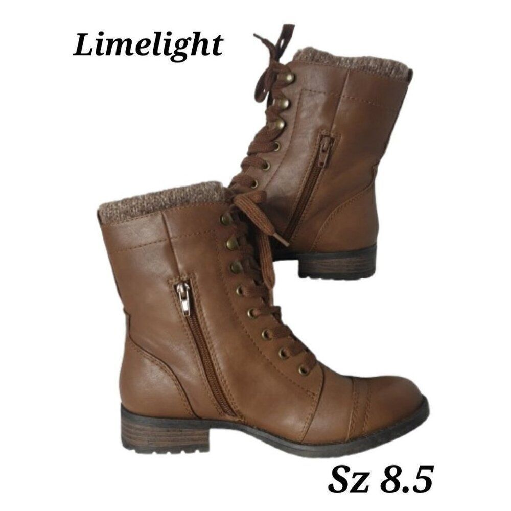 Limelight Women's Taya Brown Faux Leather Ankle Boots Zipper Lace-Up Design 8.5
